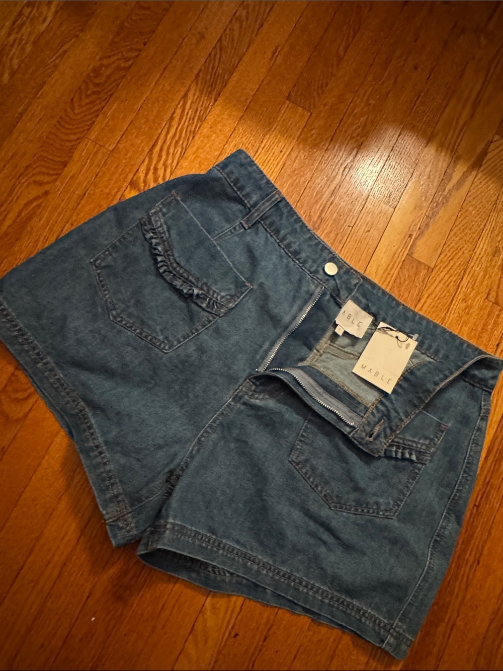 MARBLE Dark Blue High-Rise Jean Shorts with Ruffle Pocket